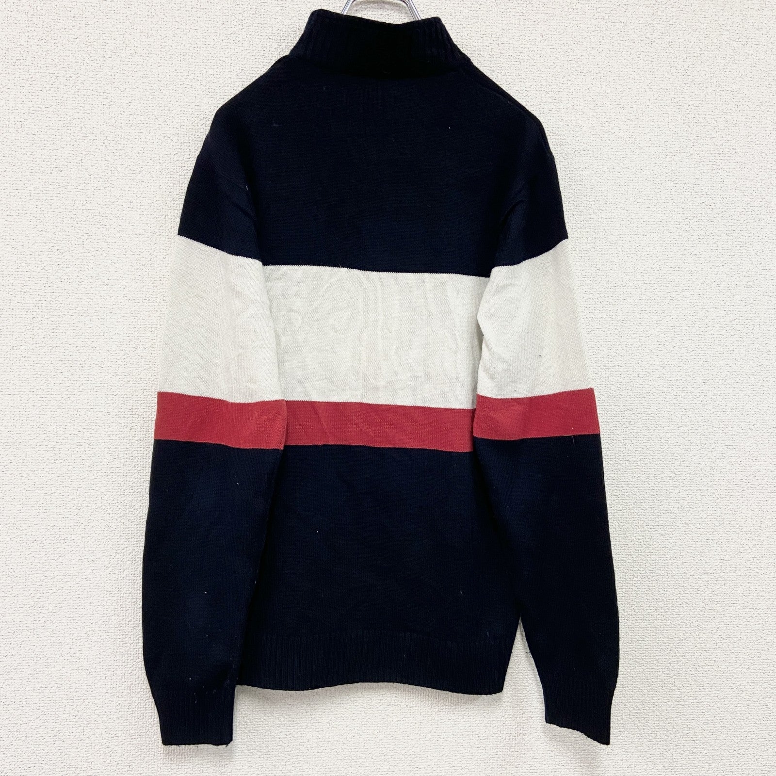 FILA　フィラ　ハーフジップアクリルニットセーター　デカロゴ　マルチカラー　紺　ネイビー　Mサイズ　古着