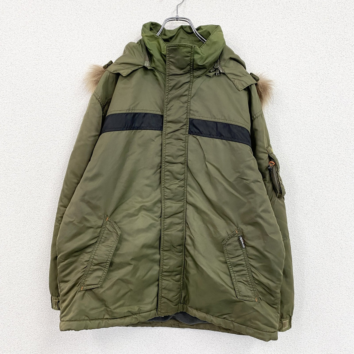 90s　AIR WALK　エアウォーク　フルジップナイロンジャケット　ファー付き　比翼仕立て　カーキ　Mサイズ　　ヴィンテージ　古着