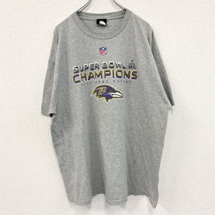 半袖プリントTシャツ　NFL　スーパーボウル　ボルティモアレイブンズ　灰色　グレー　クルーネック　２XLサイズ　古着