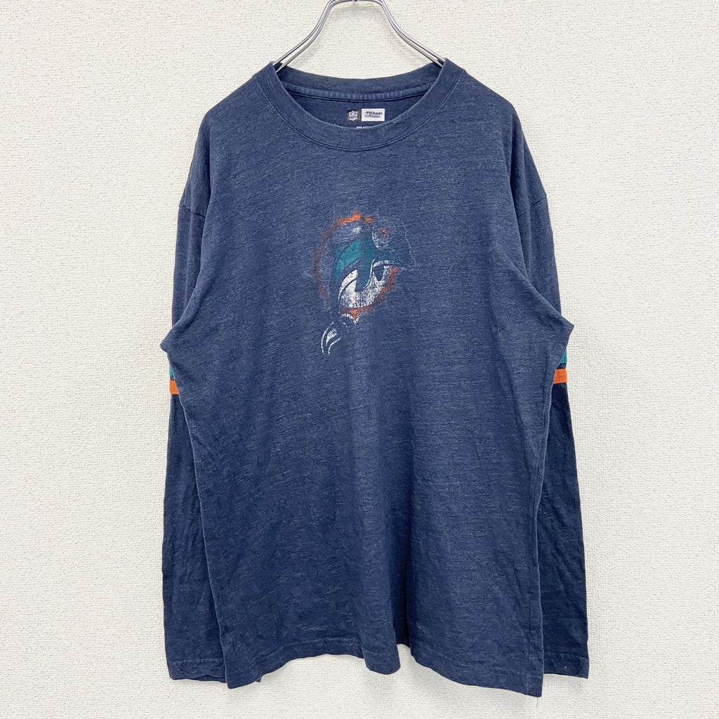 長袖プリントTシャツ　NFL　マイアミドルフィンズ　フットボール　紺　ネイビー　クルーネック　Lサイズ　古着