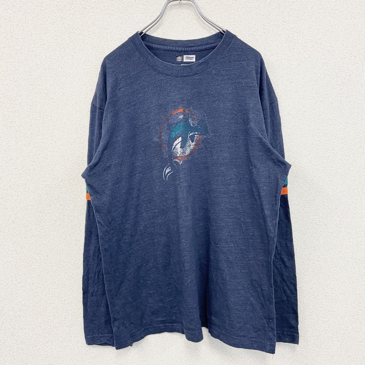 長袖プリントTシャツ　NFL　マイアミドルフィンズ　フットボール　紺　ネイビー　クルーネック　Lサイズ　古着
