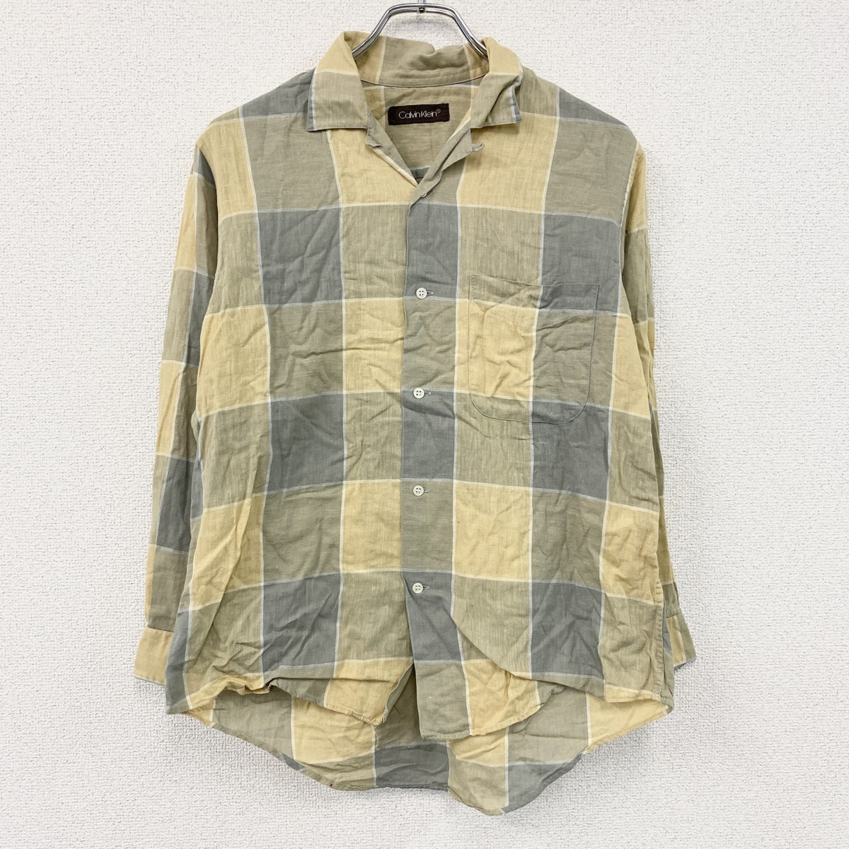 Calvin Klein　カルバンクライン　長袖シャツ　チェック柄　グレー　黄色　イエロー　Sサイズ　古着