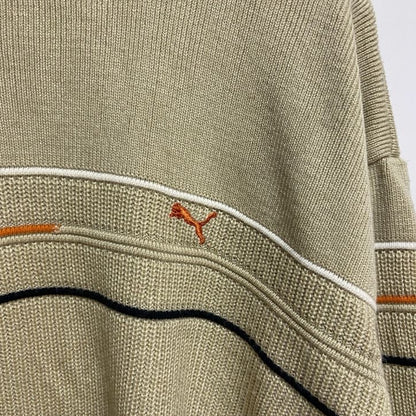 古着 used　puma プーマ　長袖クルーネックニット　セーター　ワンポイントロゴ刺繍　ライン　秋冬服　Lサイズ