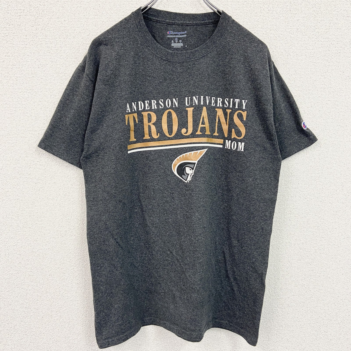 champion　チャンピオン　半袖カレッジプリントTシャツ　大学　クルーネック　TROJANS　グレー　灰色　Mサイズ　古着