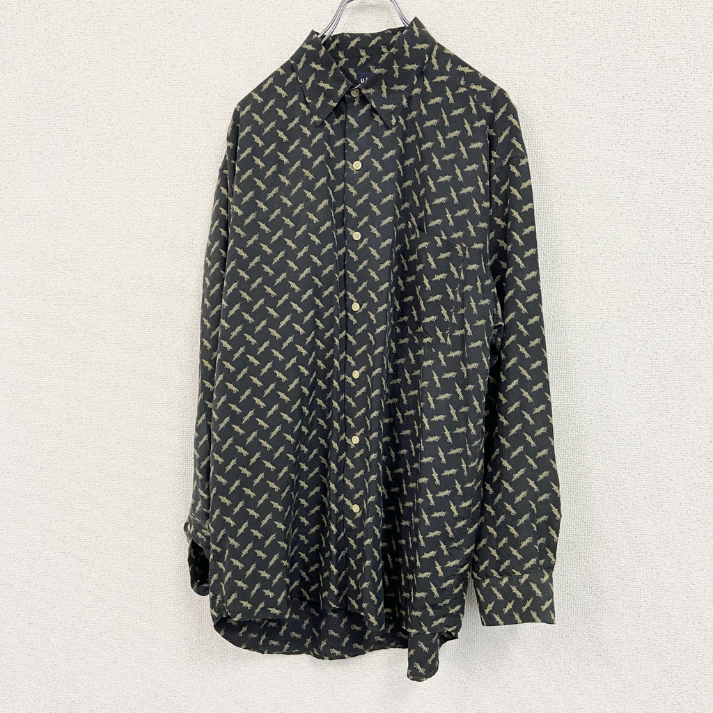 ～00s　OLD UNIQLO　オールドユニクロ　長袖シャツ　ヴィンテージ　総柄　黒　ブラック　Lサイズ　古着