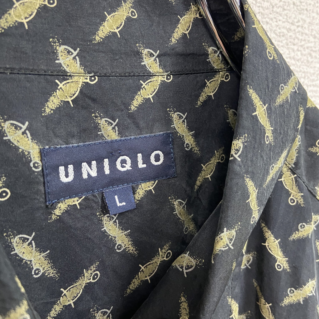 ～00s　OLD UNIQLO　オールドユニクロ　長袖シャツ　ヴィンテージ　総柄　黒　ブラック　Lサイズ　古着