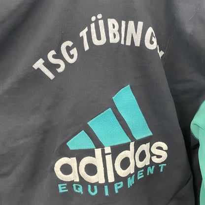 ～90s　adidas EQUIPMENT　アディダス　ハーフジップトラックジャケット/ジャージ　フロッキープリント　デカロゴ　パフォーマンスロゴ　ブラック　Ｍサイズ