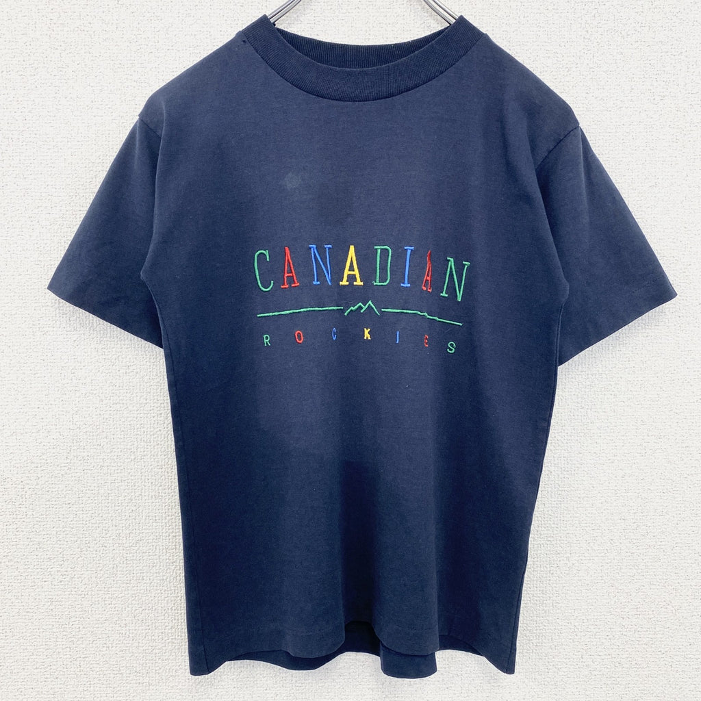 FABEC　半袖カラフル刺繍Tシャツ　カナダ製　カジュアルデザイン　レトロ　クルーネック　ネイビー　紺　Lサイズ　古着