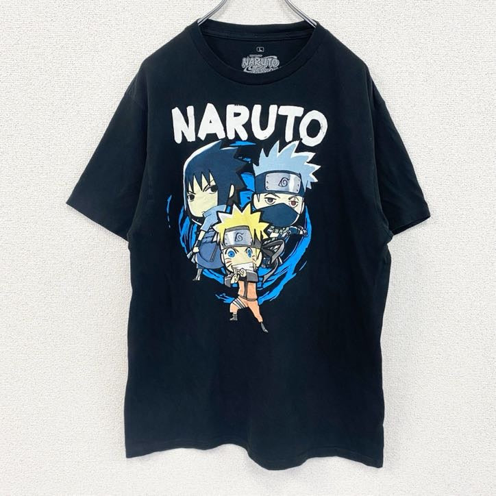 半袖アニメプリントTシャツ　ナルト　サスケ　カカシ　黒　ブラック　レトロデザイン　クルーネック　Lサイズ　古着