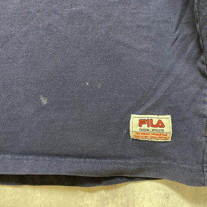 古着 used　FILA　フィラ　半袖プリントTシャツ　クルーネック　スポーティー　レトロデザイン　紺　ネイビー　Lサイズ