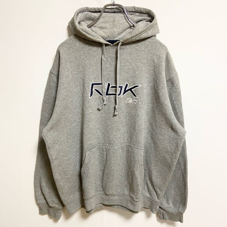 Reebok リーボック　長袖パーカー　フード付きトレーナー　ワンポイントロゴ刺繍　グレー　灰色　秋冬服　Lサイズ　古着