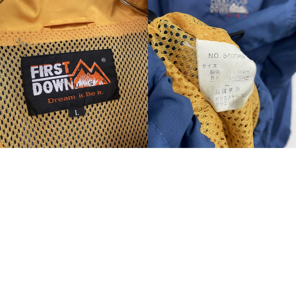 FIRST DOWN USA　ファーストダウン　フィッシングジャケット　刺繍ロゴ　フラップポケット　ジップポケット　青　ブルー　Lサイズ メンズ ポリエステル 古着