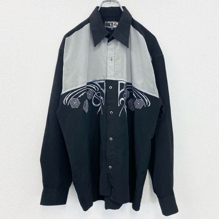 L&G　MEDITE RRANEAN　長袖刺繍デザインシャツ　モノトーン　総柄　黒　ブラック　灰色　グレー　Lサイズ　古着