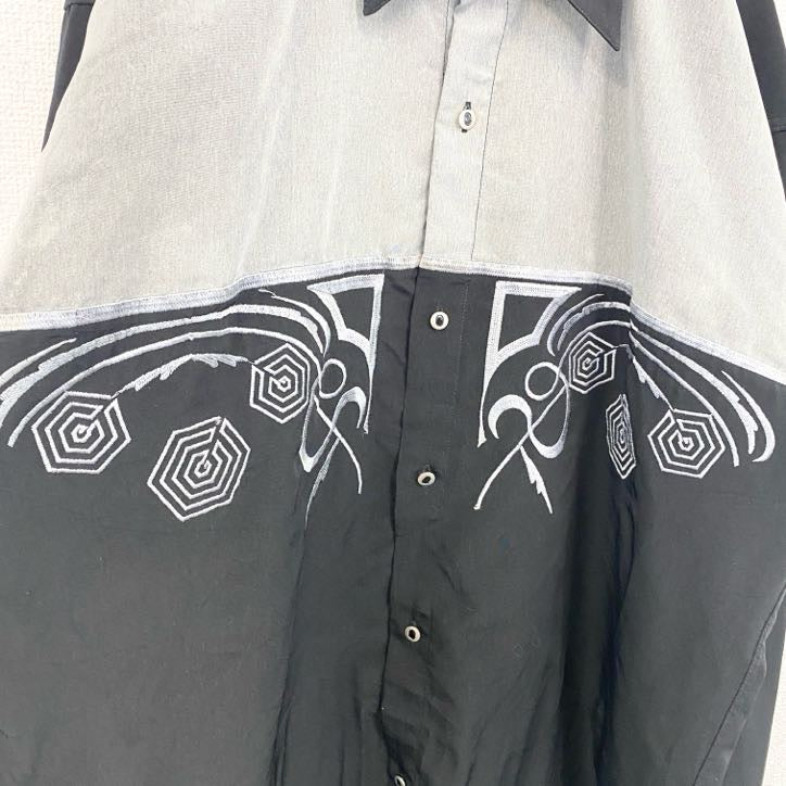 L&G　MEDITE RRANEAN　長袖刺繍デザインシャツ　モノトーン　総柄　黒　ブラック　灰色　グレー　Lサイズ　古着