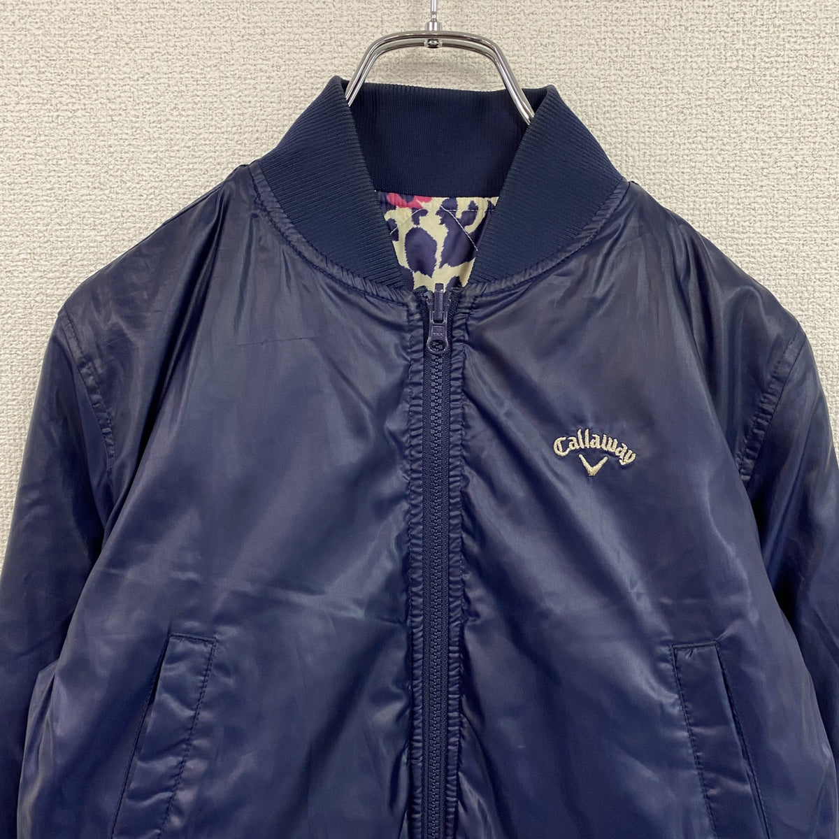 Callaway　キャロウェイ　リバーシブルダウンジャケット　花柄　紺　ネイビー　マルチカラー　Sサイズ ダウンアウター レディース ポリエステル 古着