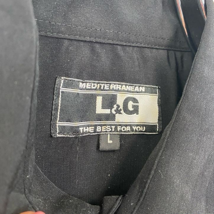 L&G　MEDITE RRANEAN　長袖刺繍デザインシャツ　モノトーン　総柄　黒　ブラック　灰色　グレー　Lサイズ　古着