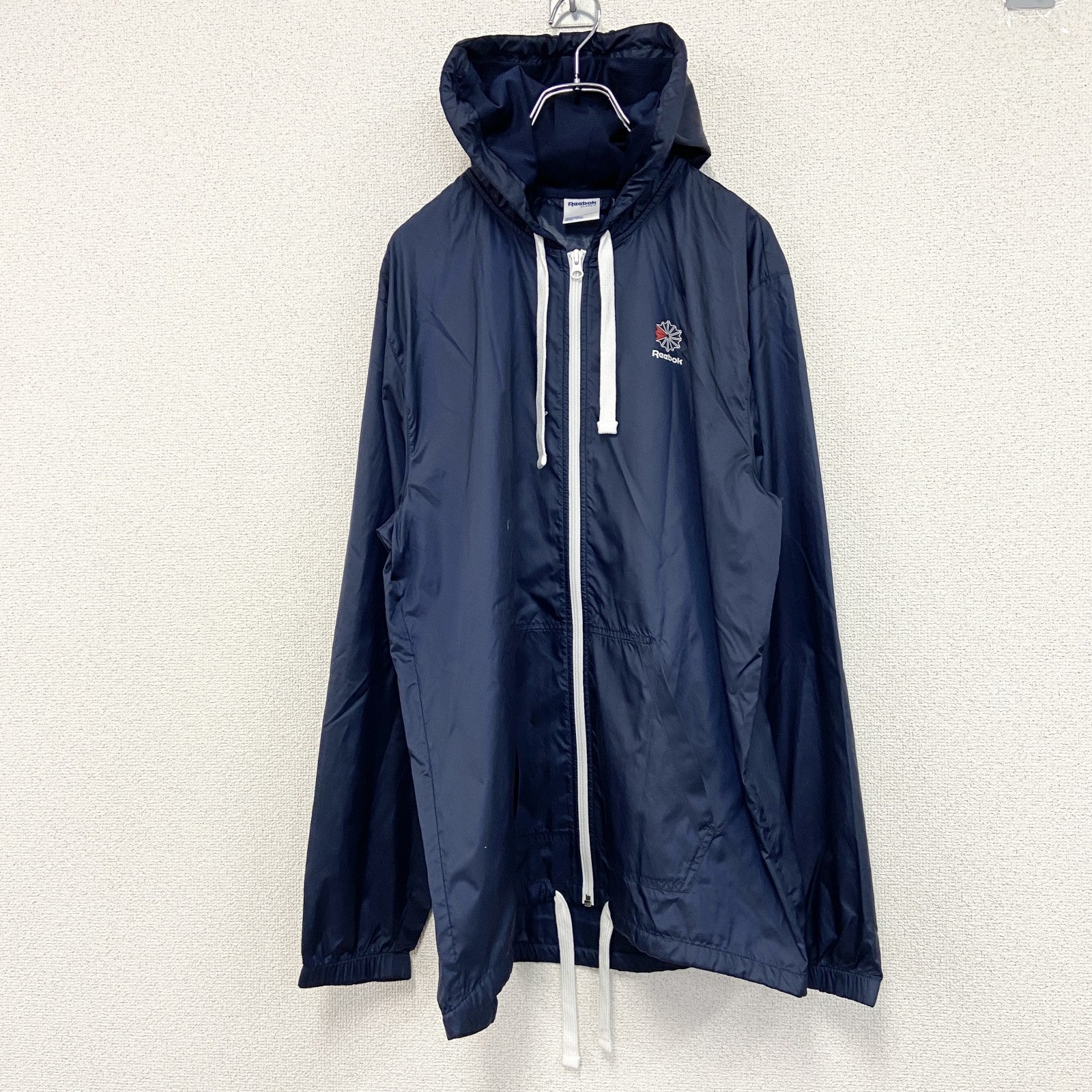 Reebok　リーボック　ウインドブレーカー　フルジップジャケット　デカロゴ　紺　ネイビー　Oサイズ　古着