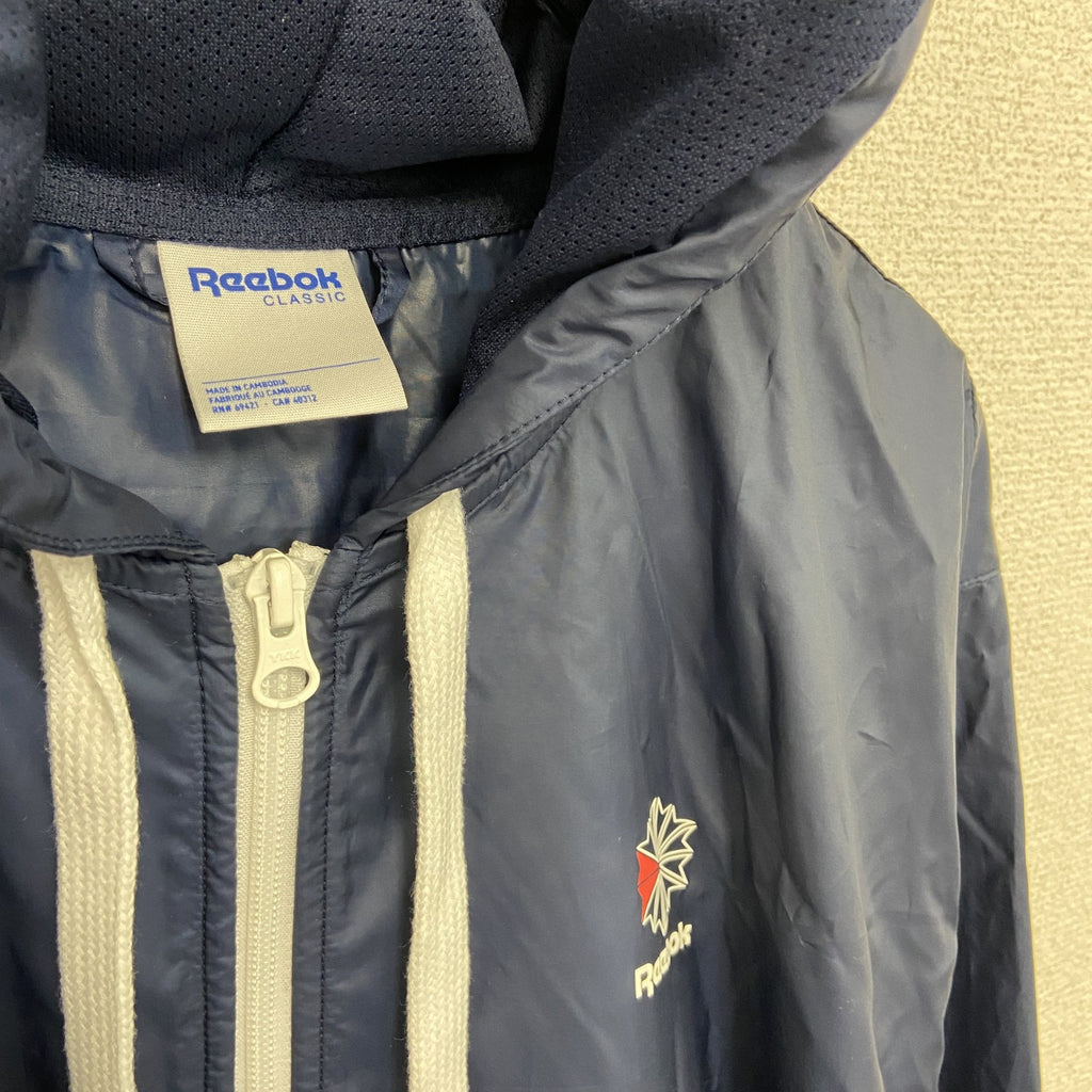 Reebok　リーボック　ウインドブレーカー　フルジップジャケット　デカロゴ　紺　ネイビー　Oサイズ　古着