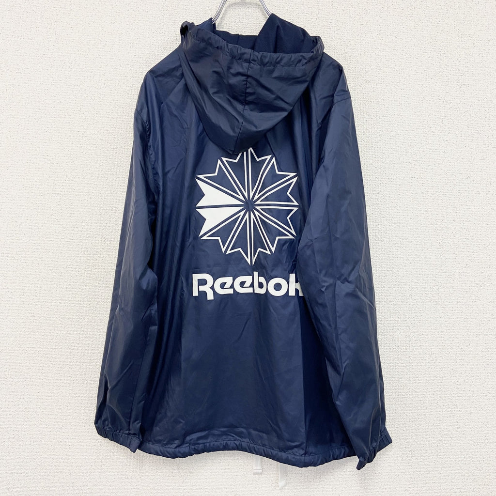 Reebok　リーボック　ウインドブレーカー　フルジップジャケット　デカロゴ　紺　ネイビー　Oサイズ　古着