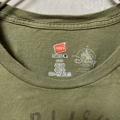 古着 used　Disney　ディズニー　Hanes　ヘインズ　半袖プリントキャラクターTシャツ　ミッキー　カーキ　緑　Lサイズ