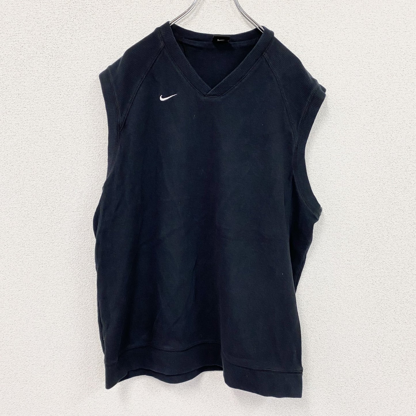 90s　NIKE　ナイキ　コットンニットベスト　刺繍ロゴ　スウッシュ　ヴィンテージ　黒　ブラック　Lサイズ