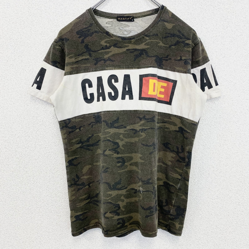 MASTIFF　半袖迷彩柄プリントTシャツ　カモフラ　CASA　クルーネック　緑　グリーン　Sサイズ　古着