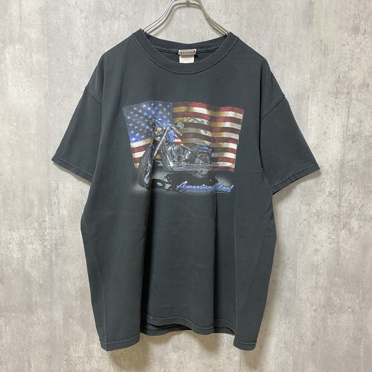 古着 used　SONOMA　半袖バイクプリントTシャツ　クルーネック　黒　ブラック　USA製　アメリカ国旗　Lサイズ