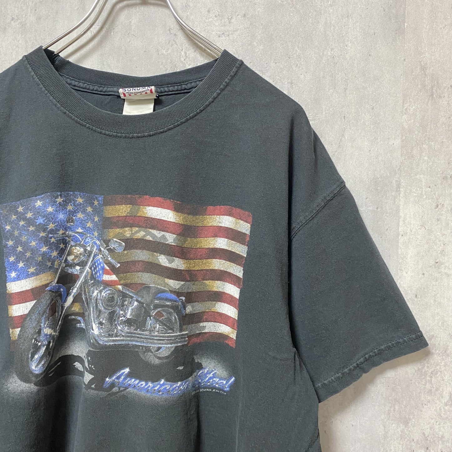 古着 used　SONOMA　半袖バイクプリントTシャツ　クルーネック　黒　ブラック　USA製　アメリカ国旗　Lサイズ