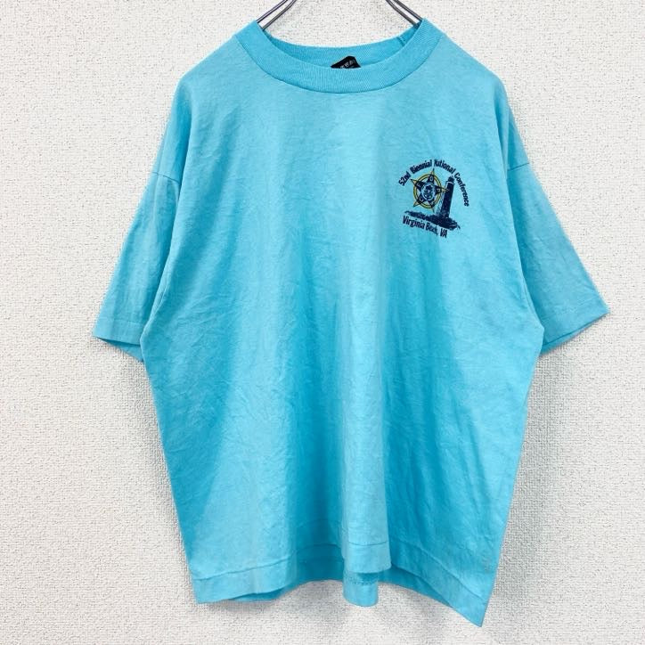 80s　FRUIT OF THE LOOM　半袖プリントTシャツ　クルーネック　水色　ライトブルー　XLサイズ　　ヴィンテージ　古着