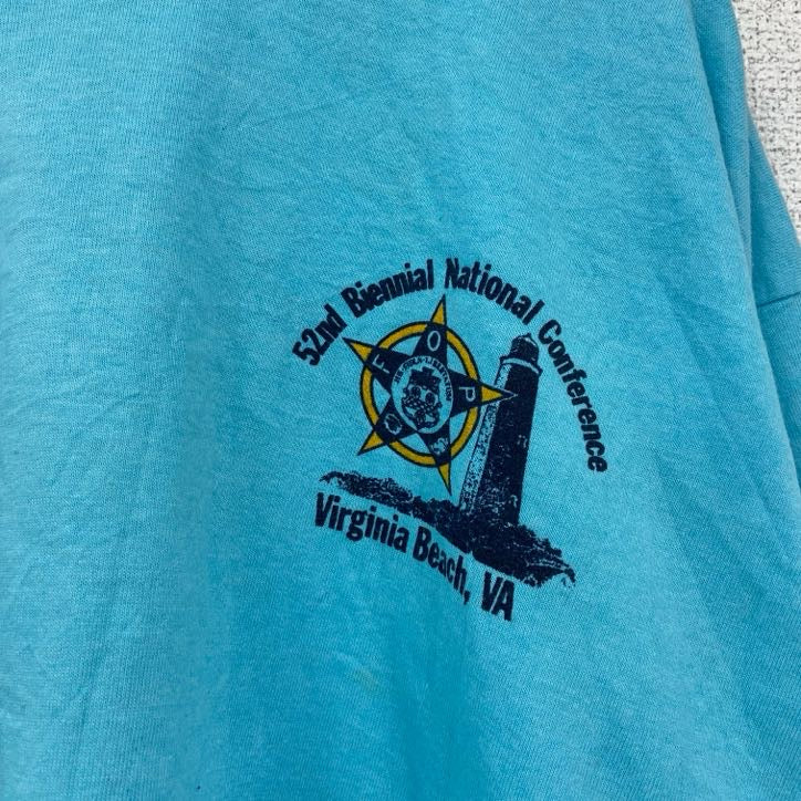 80s　FRUIT OF THE LOOM　半袖プリントTシャツ　クルーネック　水色　ライトブルー　XLサイズ　　ヴィンテージ　古着