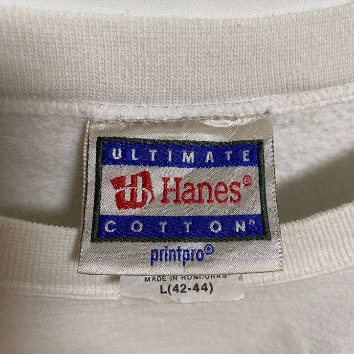 古着 used　Hanes ヘインズ　90s　S.T.P.　長袖プリントスウェット　トレーナー　白　クルーネック　Lサイズ