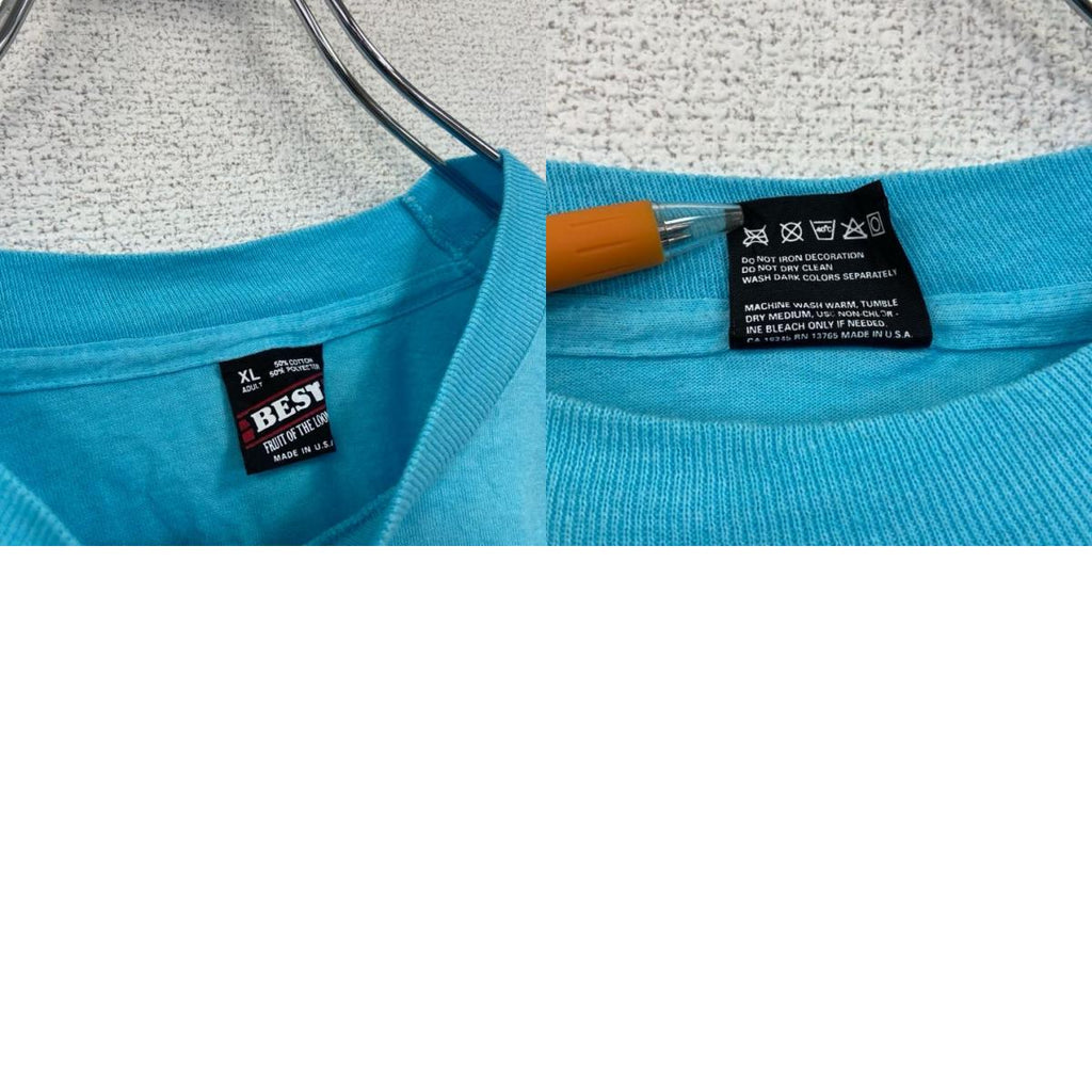 80s　FRUIT OF THE LOOM　半袖プリントTシャツ　クルーネック　水色　ライトブルー　XLサイズ　　ヴィンテージ　古着