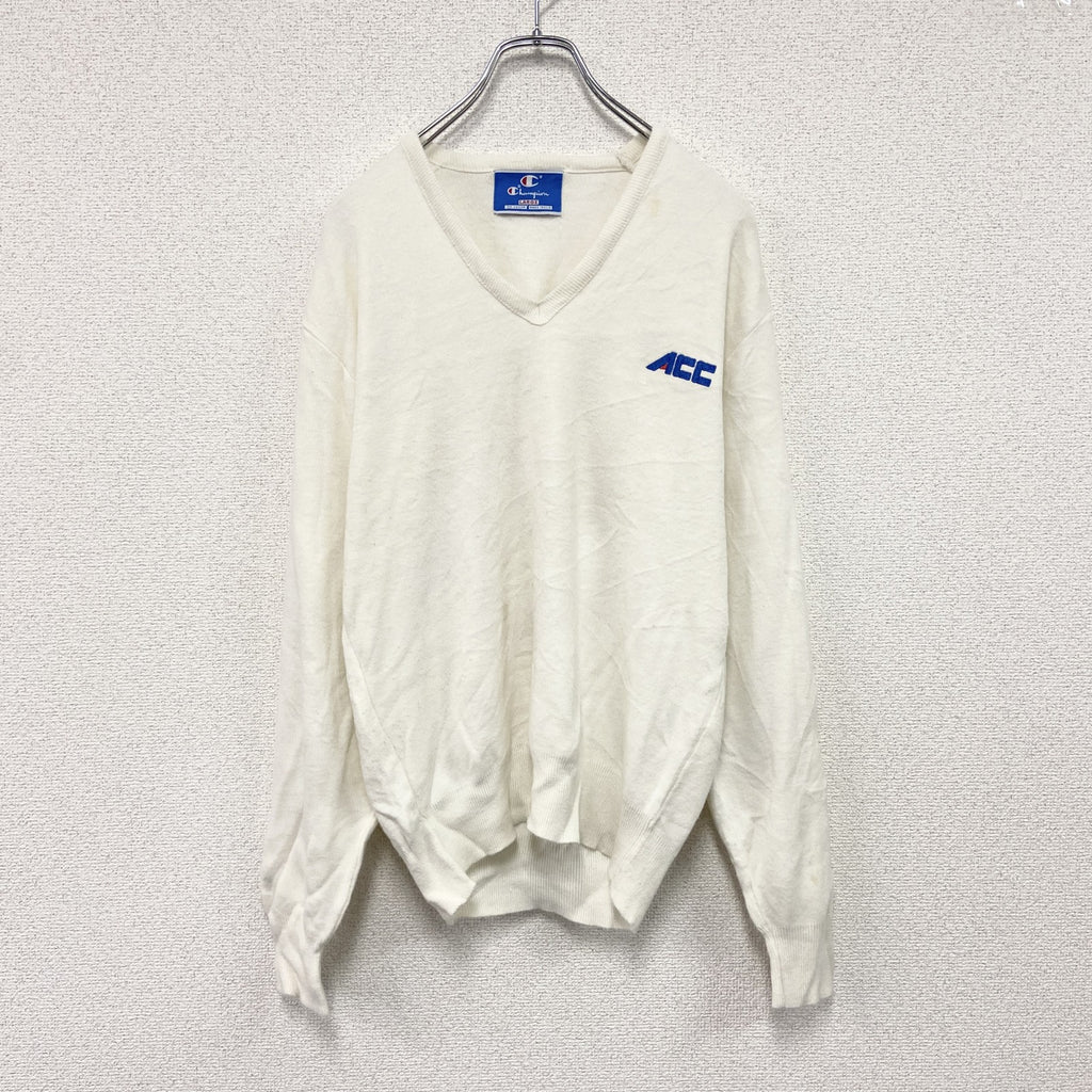 90s　Champion　チャンピオン　ニットセーター　ヴィンテージ　Vネック　白　ホワイト　Lサイズ　古着