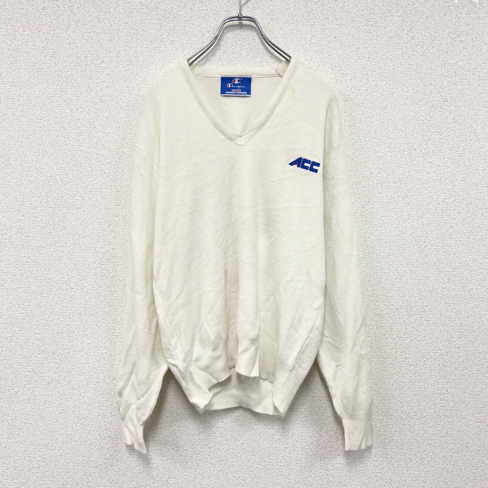 90s　Champion　チャンピオン　ニットセーター　ヴィンテージ　Vネック　白　ホワイト　Lサイズ　古着