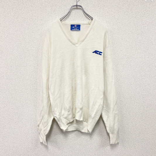 90s　Champion　チャンピオン　ニットセーター　ヴィンテージ　Vネック　白　ホワイト　Lサイズ