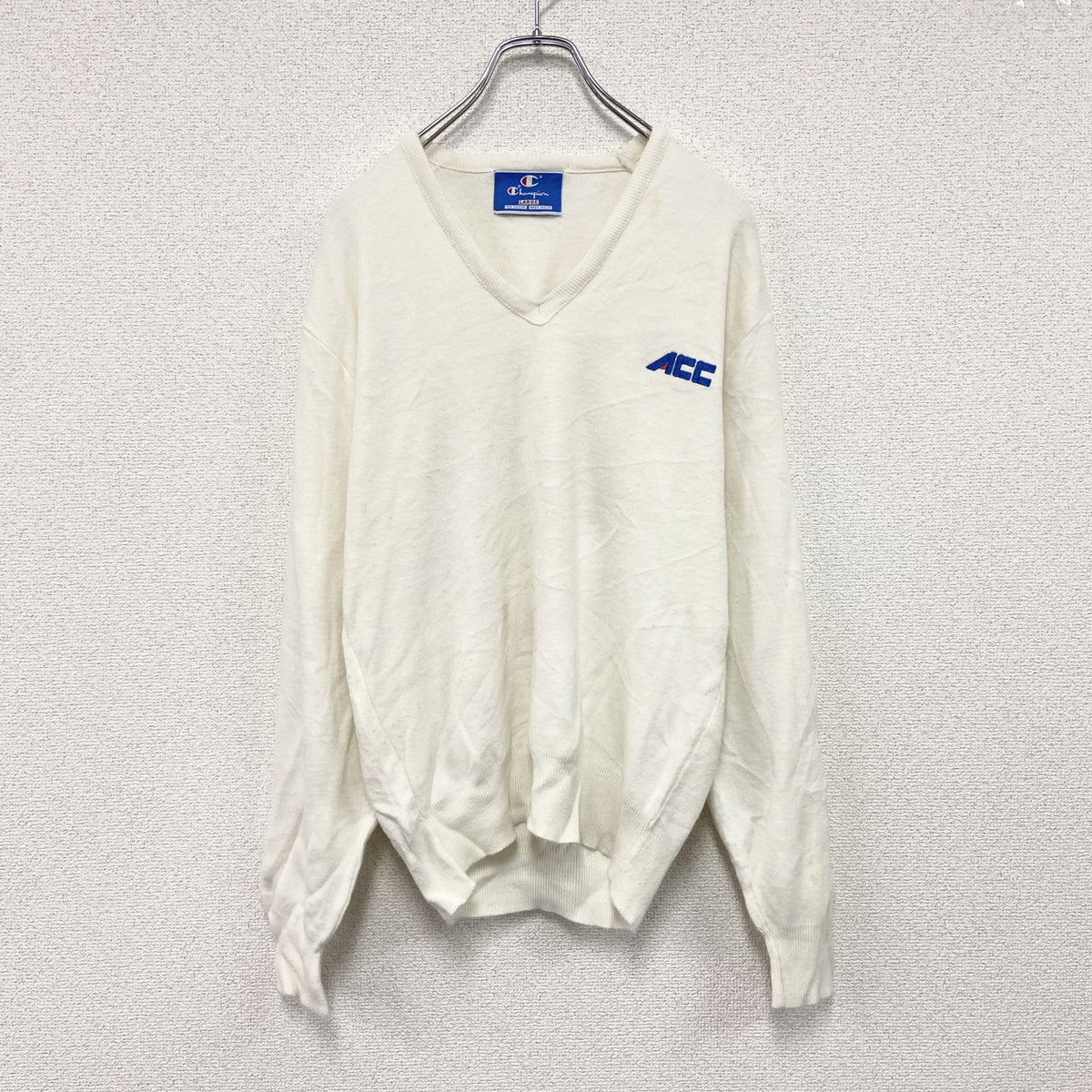 90s　Champion　チャンピオン　ニットセーター　ヴィンテージ　Vネック　白　ホワイト　Lサイズ　古着