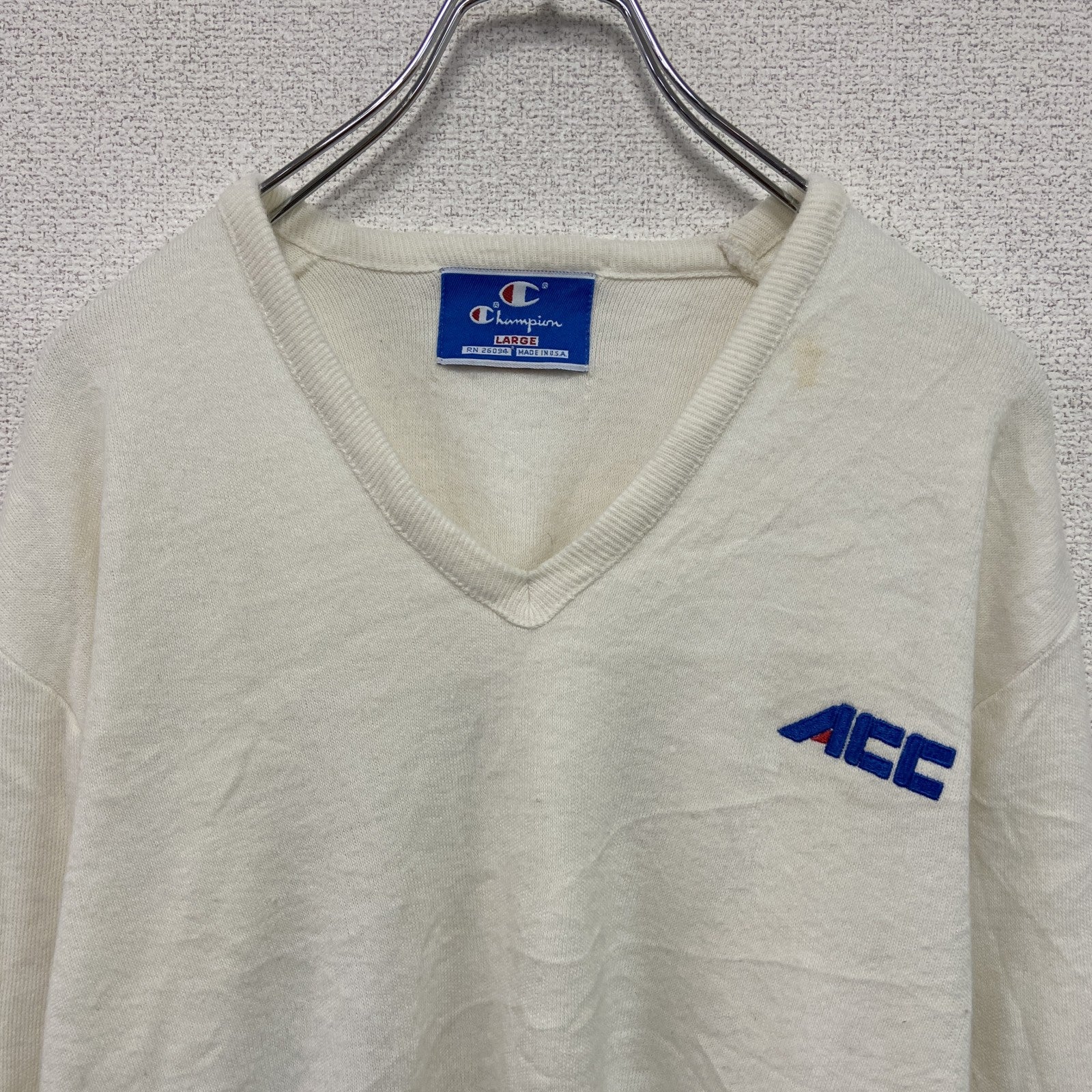 90s　Champion　チャンピオン　ニットセーター　ヴィンテージ　Vネック　白　ホワイト　Lサイズ　古着