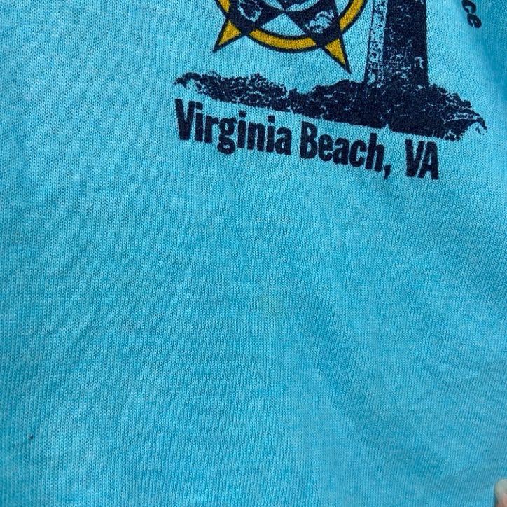 80s　FRUIT OF THE LOOM　半袖プリントTシャツ　クルーネック　水色　ライトブルー　XLサイズ　　ヴィンテージ　古着
