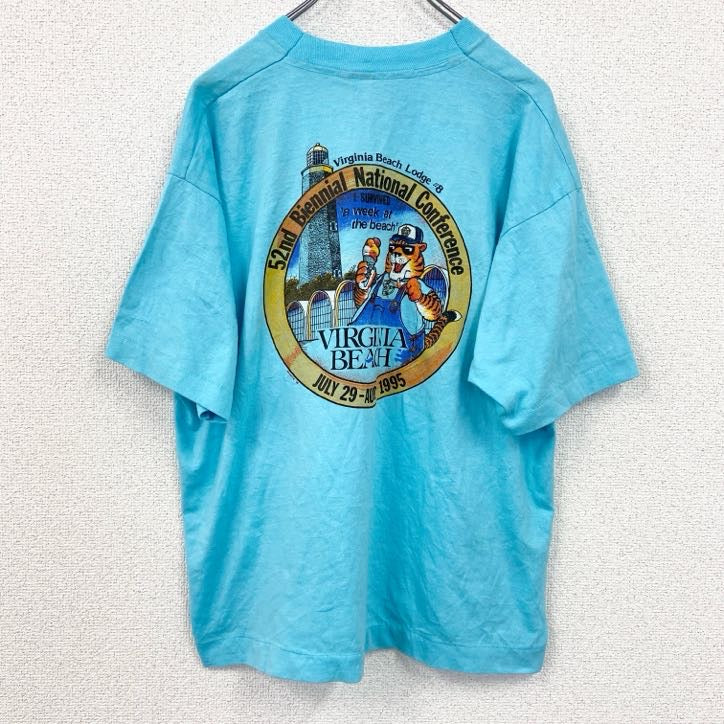 80s　FRUIT OF THE LOOM　半袖プリントTシャツ　クルーネック　水色　ライトブルー　XLサイズ　　ヴィンテージ　古着