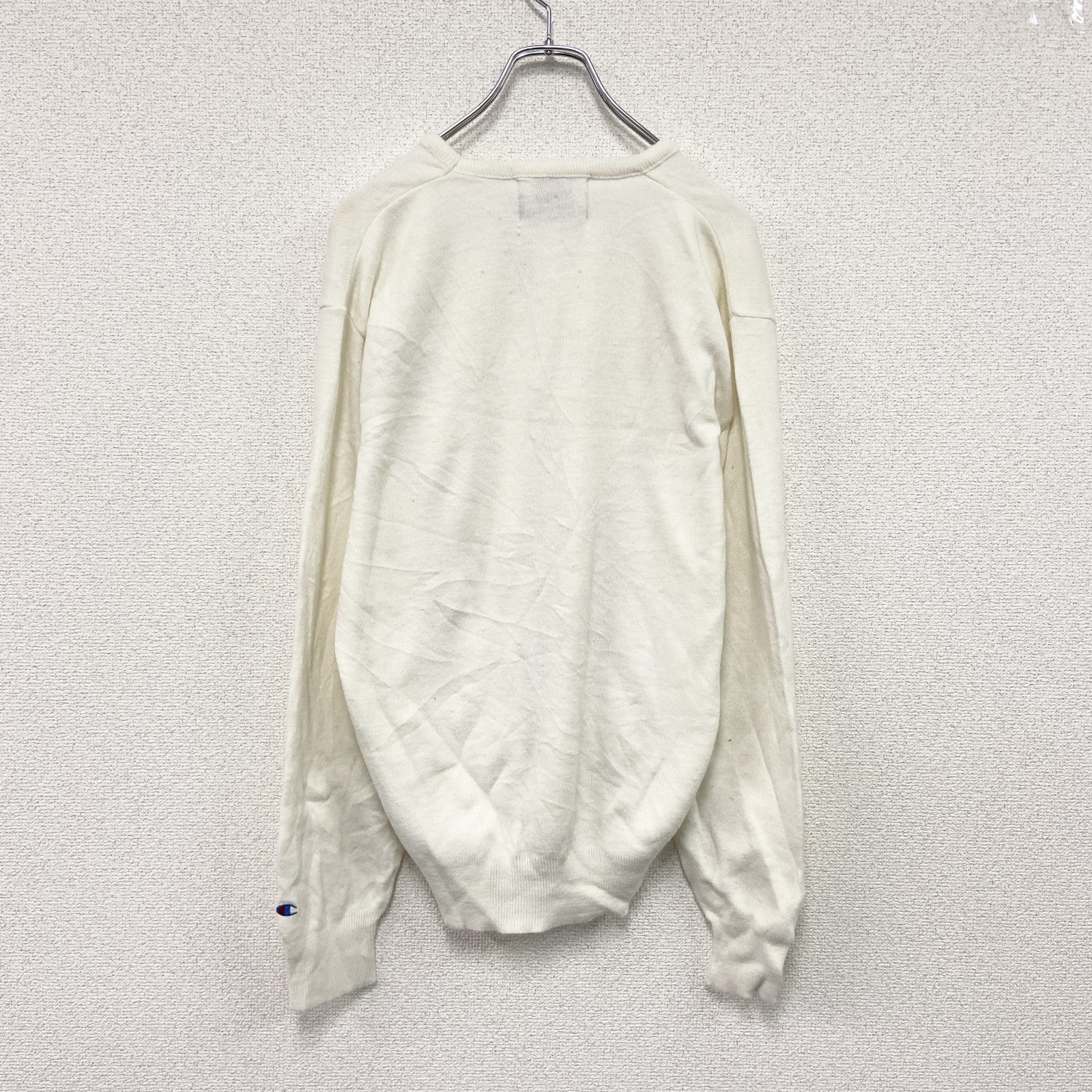 90s　Champion　チャンピオン　ニットセーター　ヴィンテージ　Vネック　白　ホワイト　Lサイズ　古着