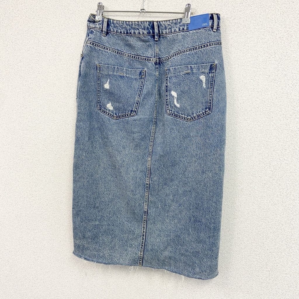 ZARA　ザラ　ダメージデニムスカート　スリット入り　インディゴ　Lサイズ　　古着