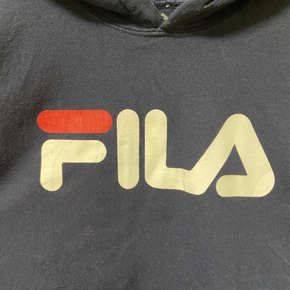 古着 used　FILA フィラ　長袖ロゴプリントパーカー　スウェット　プルオーバー　ネイビー　紺　秋冬服　Sサイズ