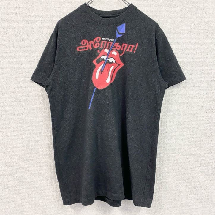ローリングストーンズ　半袖バンドプリントTシャツ　レトロデザイン　クルーネック　口　舌　黒　ブラック　Mサイズ　古着