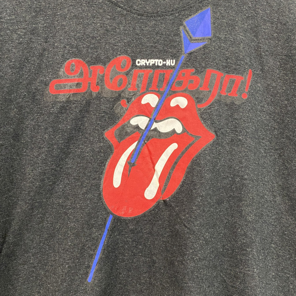 ローリングストーンズ　半袖バンドプリントTシャツ　レトロデザイン　クルーネック　口　舌　黒　ブラック　Mサイズ　古着