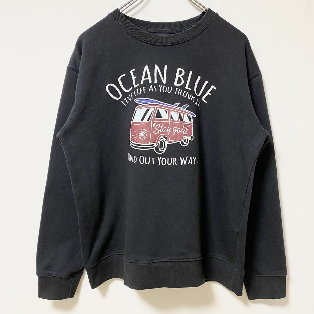 Doublefocus　長袖カープリントスウェット　トレーナー　OCEANBLUE　黒　ブラック　レトロ　Lサイズ　古着