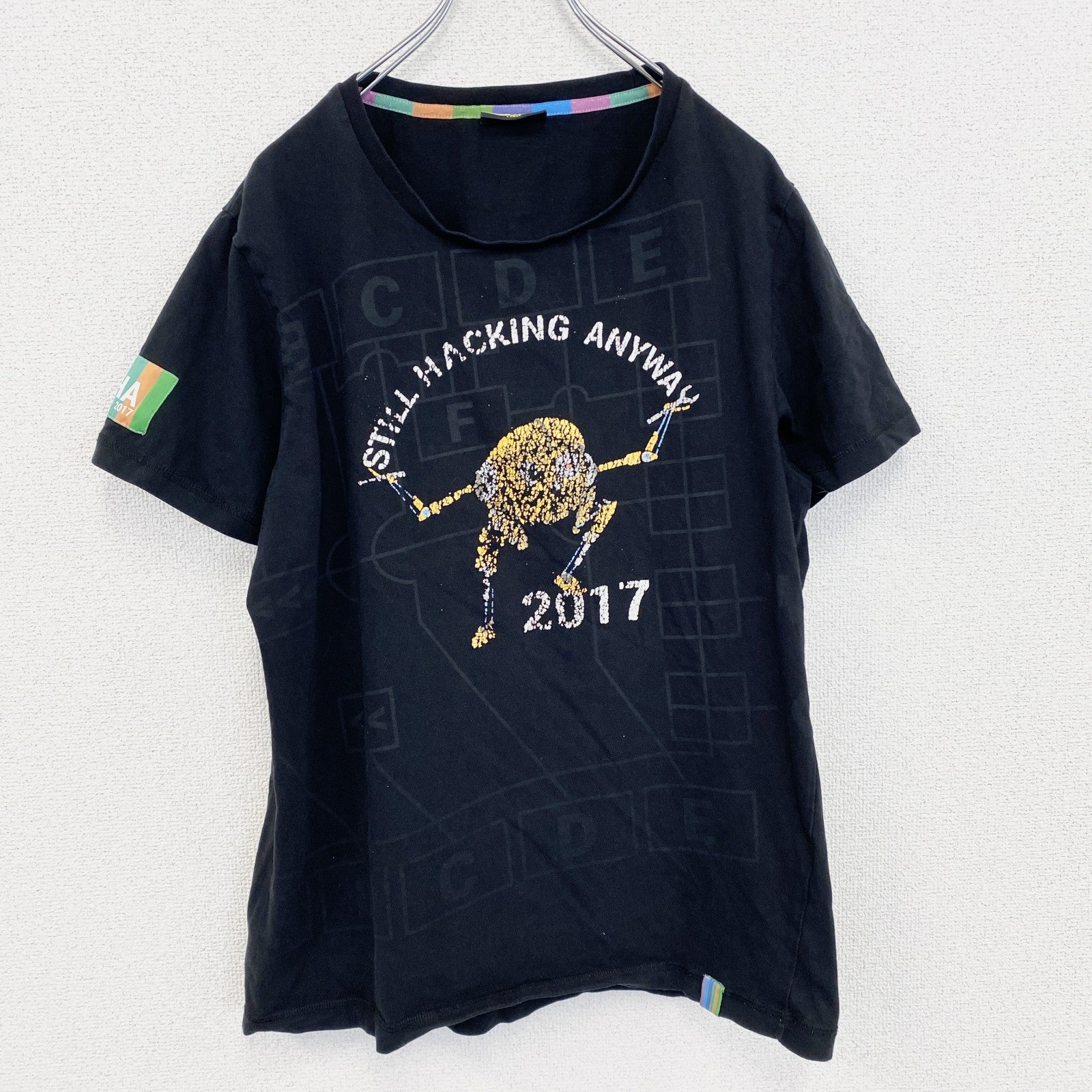 CYBER　半袖プリントキャラクターTシャツ　暗号学的ハッシュ関数　アーチプリント　両面プリント　黒　ブラック　Lサイズ　古着