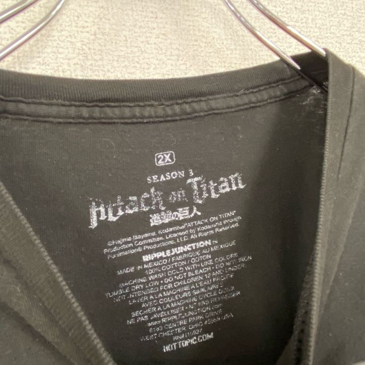 進撃の巨人　半袖アニメプリントTシャツ　レトロ　クルーネック　調査兵団　リヴァイ兵長　黒　ブラック　2Xサイズ　古着