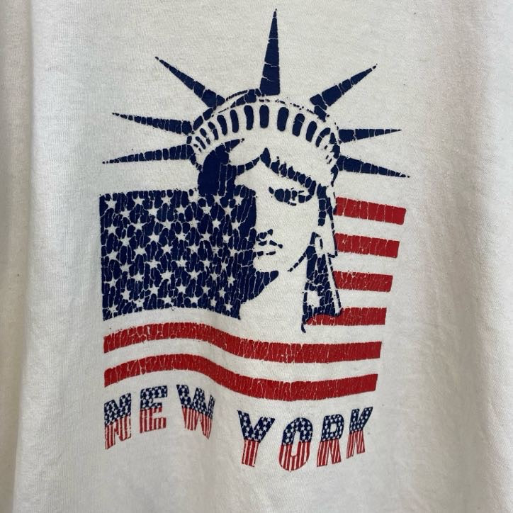半袖プリントTシャツ　自由の女神　アメリカ　国旗　白　ホワイト　クルーネック　レトロデザイン　Sサイズ　古着