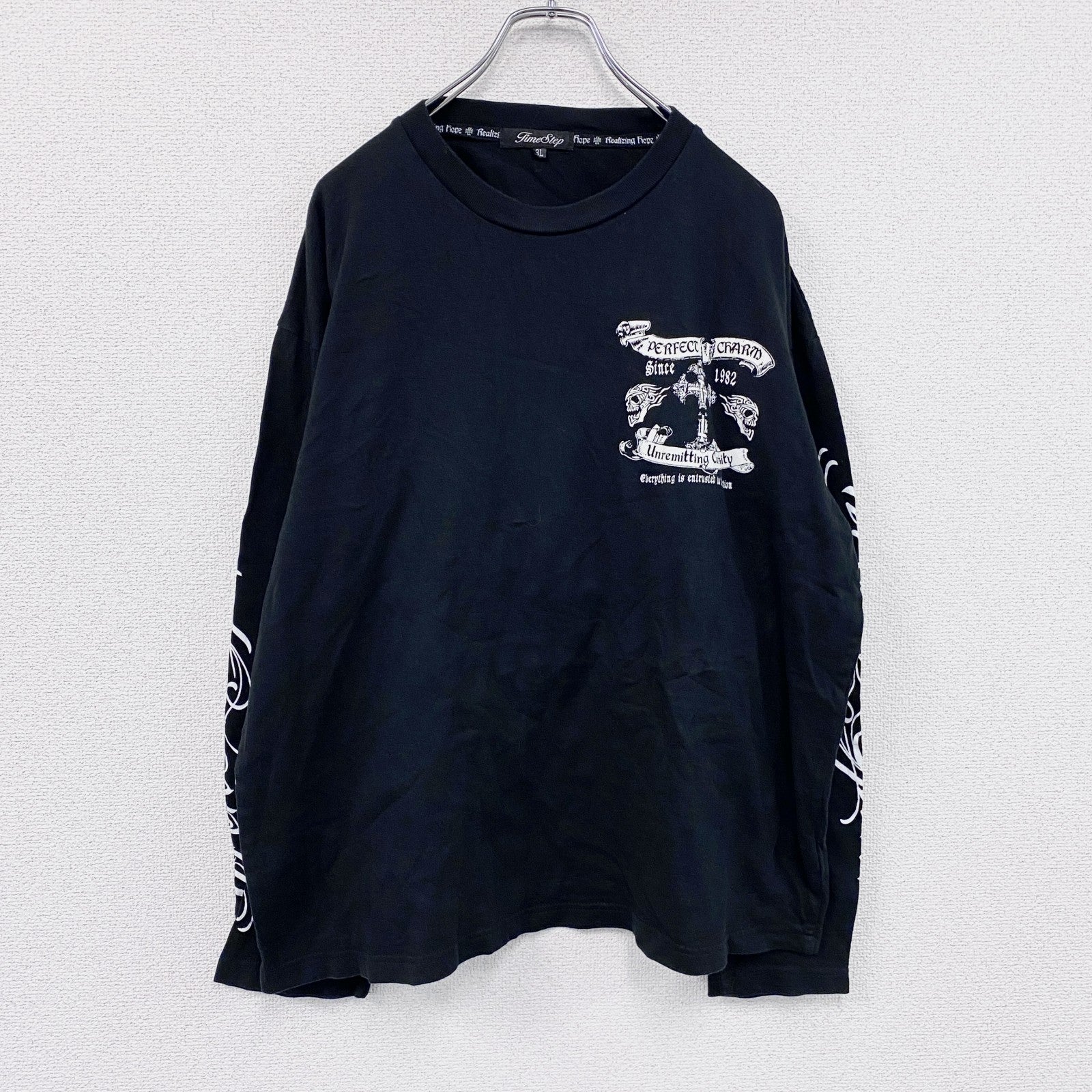 Time Step　長袖Tシャツ/ロンT　Y2K　ドクロ　ロザリオ　両面プリント　黒　ブラック　3Lサイズ　古着