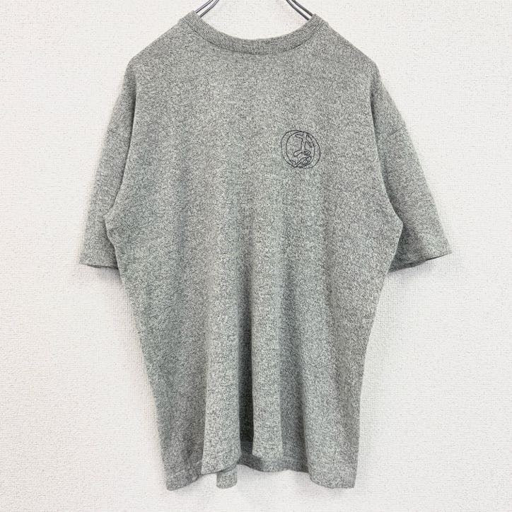 半袖プリントTシャツ　レトロデザイン　クルーネック 　ワンポイントロゴ　両面プリント　ニット生地　霜降りグレー　　古着